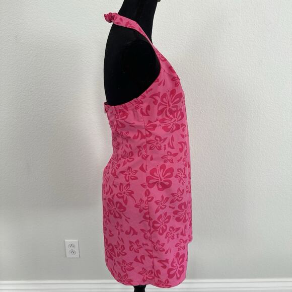 Vintage Y2K PInk Halter Floral Print Mini Dress Sz Large Juniors 11/13 Hibiscus - Picture 3 of 10